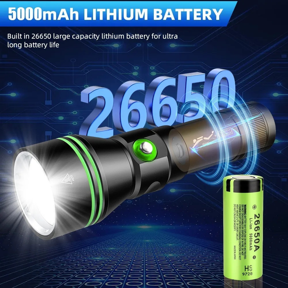 80M Underwater LED Diving Flashlight IPX8 Waterproof Scuba Dive Torch Light