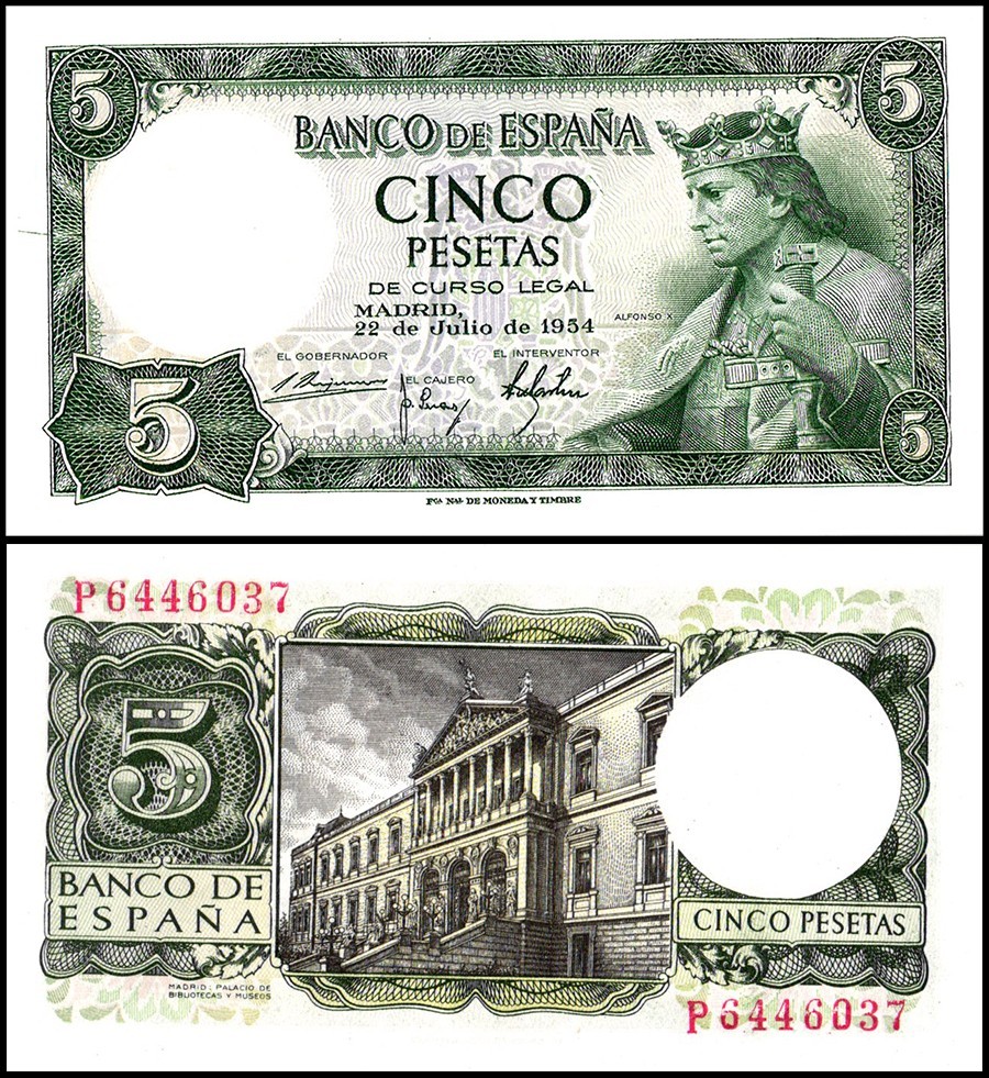 Spain 5 Pesetas, 1954, P-146, UNC