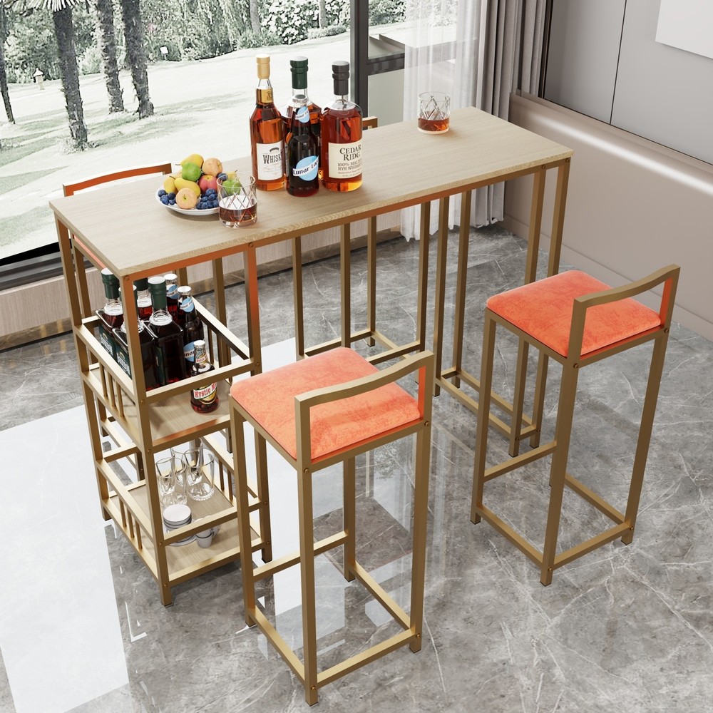 5 Piece Bar Table Set Counter Height Kitchen Rectangle Table with 4 Bar Chairs