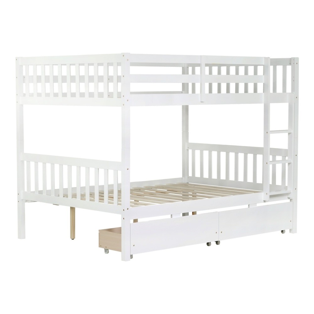Full Over Full Wood Bunk Bed Convertible Full Size Bed Frame w/ 2 Drawers