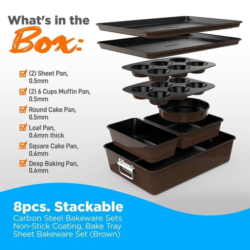 NutriChef 8pcs. Stackable Carbon Steel Bakeware Sets Non-Stick Coating (Brown)