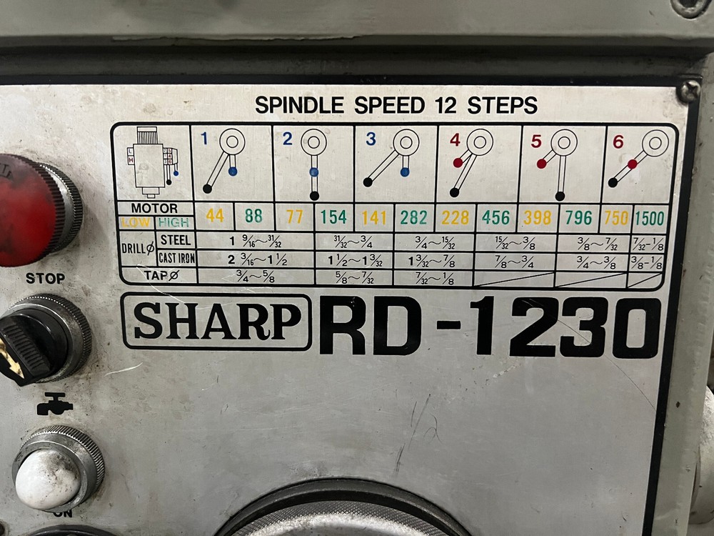 SHARP INDUSTRIES RADIAL ARM DRILL, MODEL RD-1230, 11" COLUMN DIA., 4' ARM, 2 HP