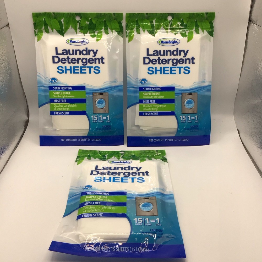 3 PACKS Homebright LAUNDRY DETERGENT SHEETS• SCENT FREE• 45 Sheets