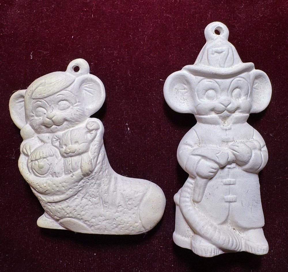 Teddy in a Stocking & Fireman Mouse-Unpainted Ceramic Christmas Ornaments