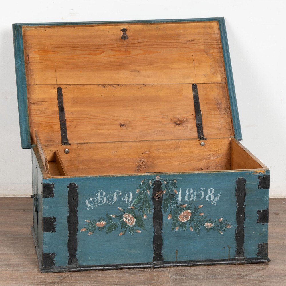 Original Blue Painted Flat Top Trunk dated 1858