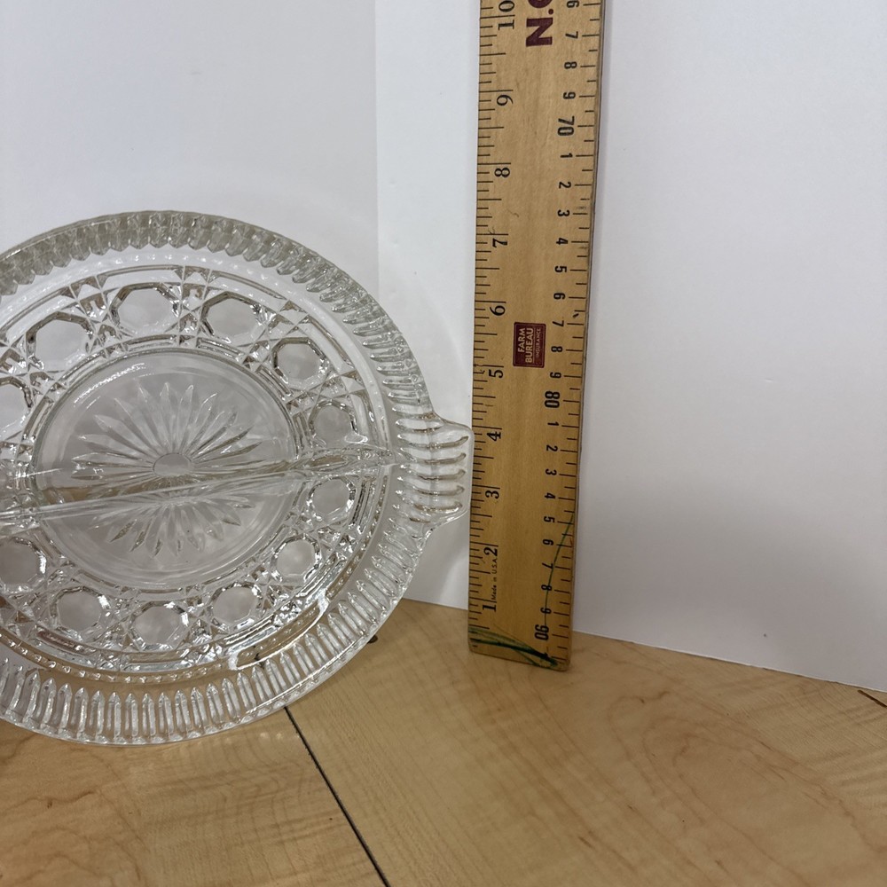 Vintage Glass Divided Serving Dish 7.5in Decorative Pressed Pattern