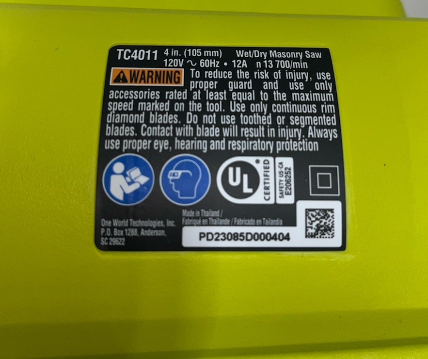 RYOBI "4" HAND HELD TILE SAW (Missing Parts)