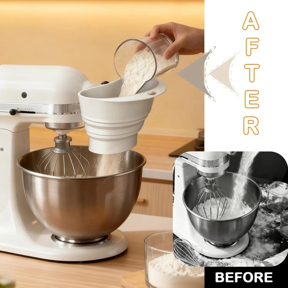 Silicone Foldable Flour Funnel for Kitchen Aid Mixer,Easy Pour No-Mess Attachmen