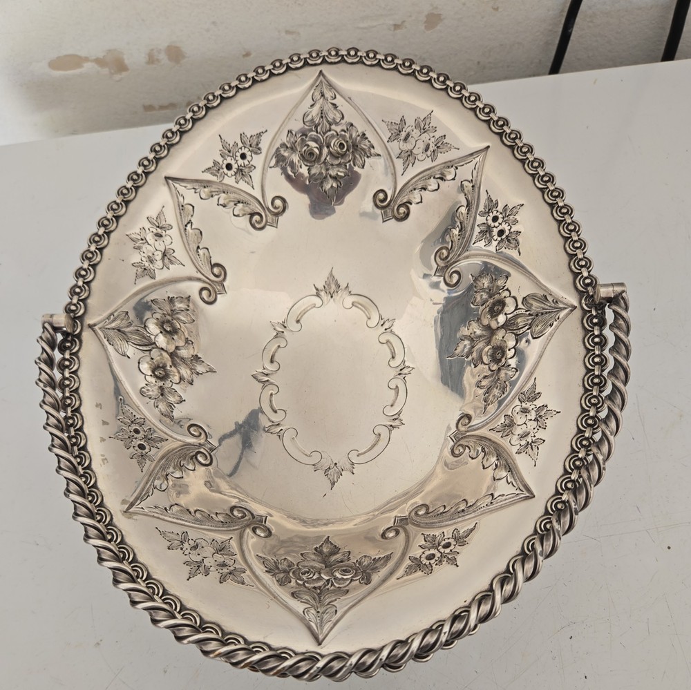 Vintage Silver platef Basket with handle with design flower