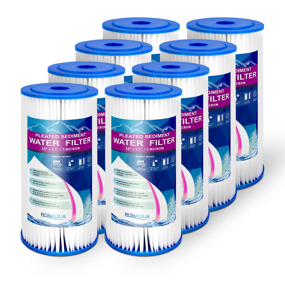 8 Big Blue Pleated Washable (5 Micron) Sediment Filters 4.5” x 10”