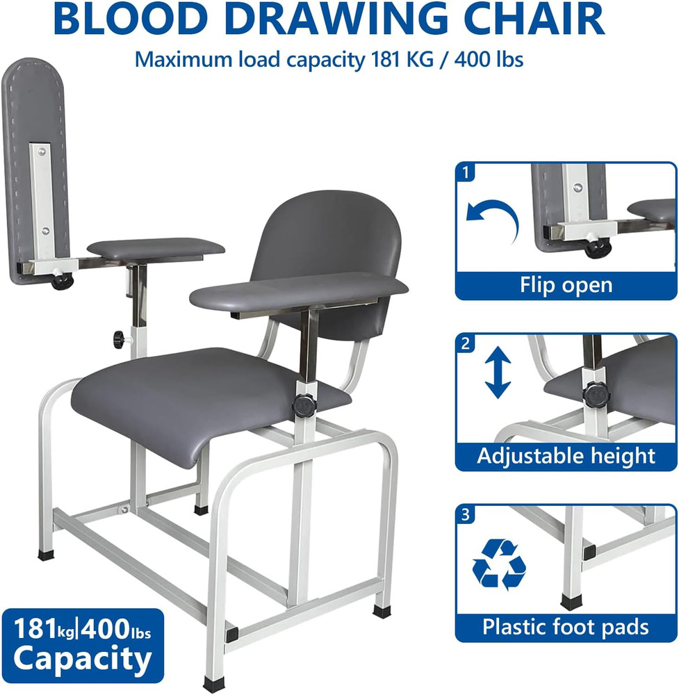 Comfortable Phlebotomy Chair with Adjustable Armrest - Grey
