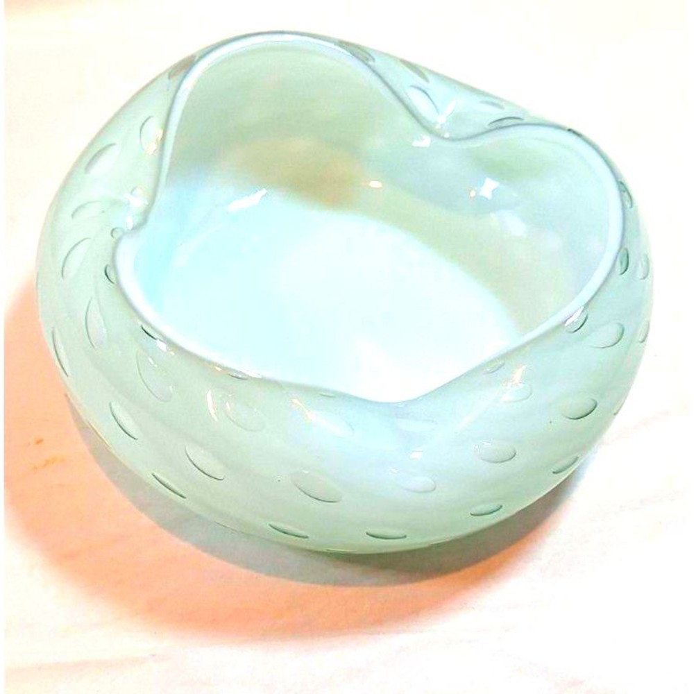 Vintage Art Glass Tri-Fold Bowl Light Blue Controlled Bubble