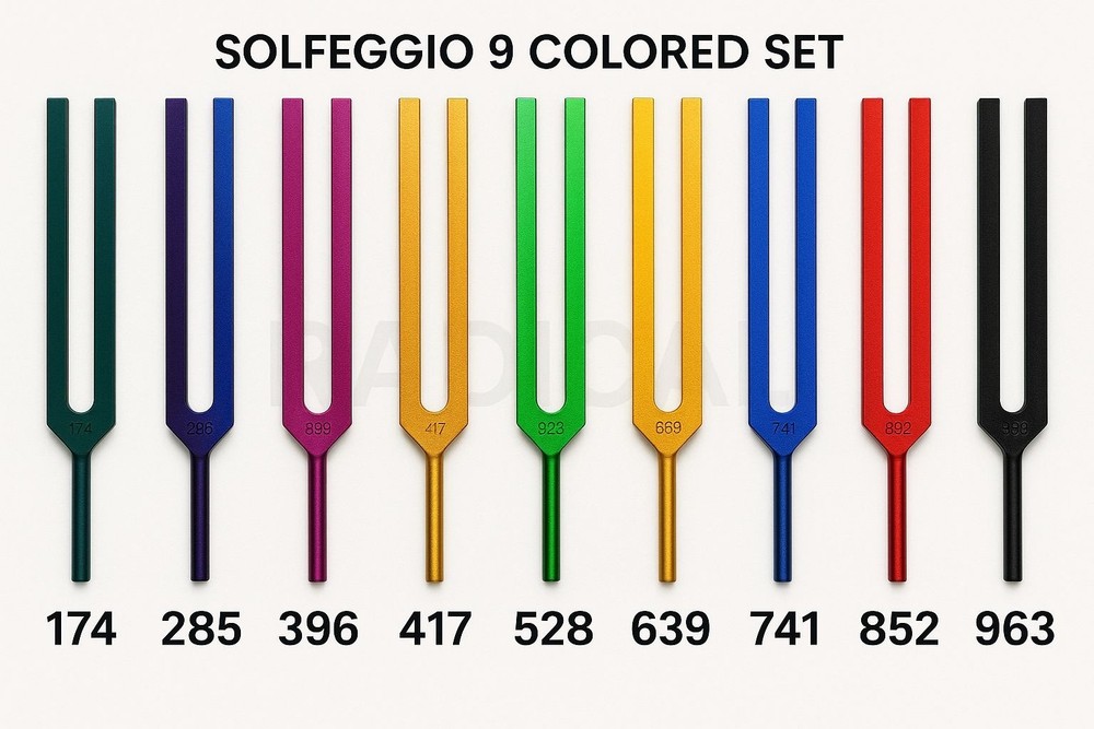 🌟 Long Unweighted Solfeggio Tuning Forks – 9 Fork Premium Colored Healing Set