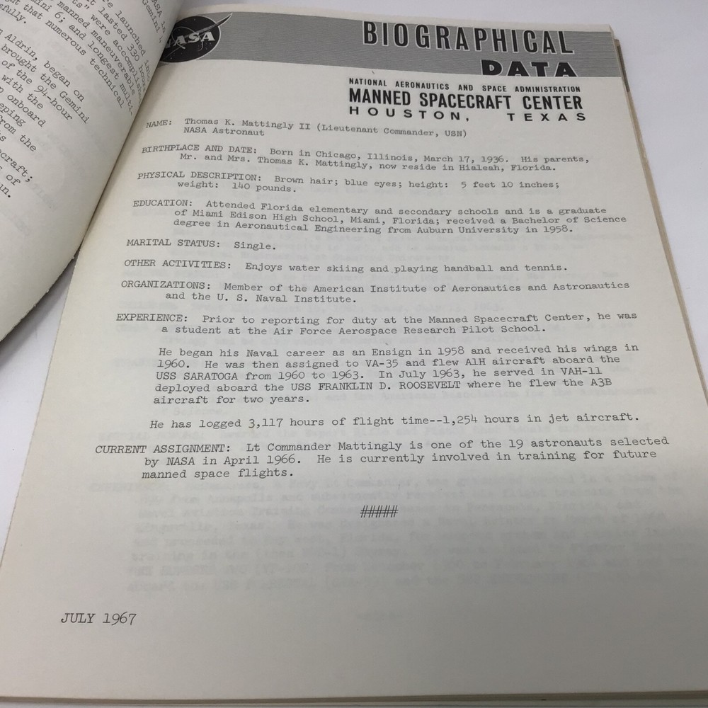 NASA Biographical Data sheet ( Revised July 1967) Astronaut Biographies