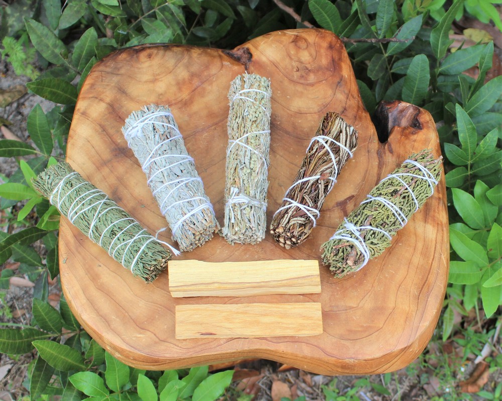 5 Smudge Stick SAMPLER Set Blue Black Cedar Juniper Yerba & 2 Palo Santo