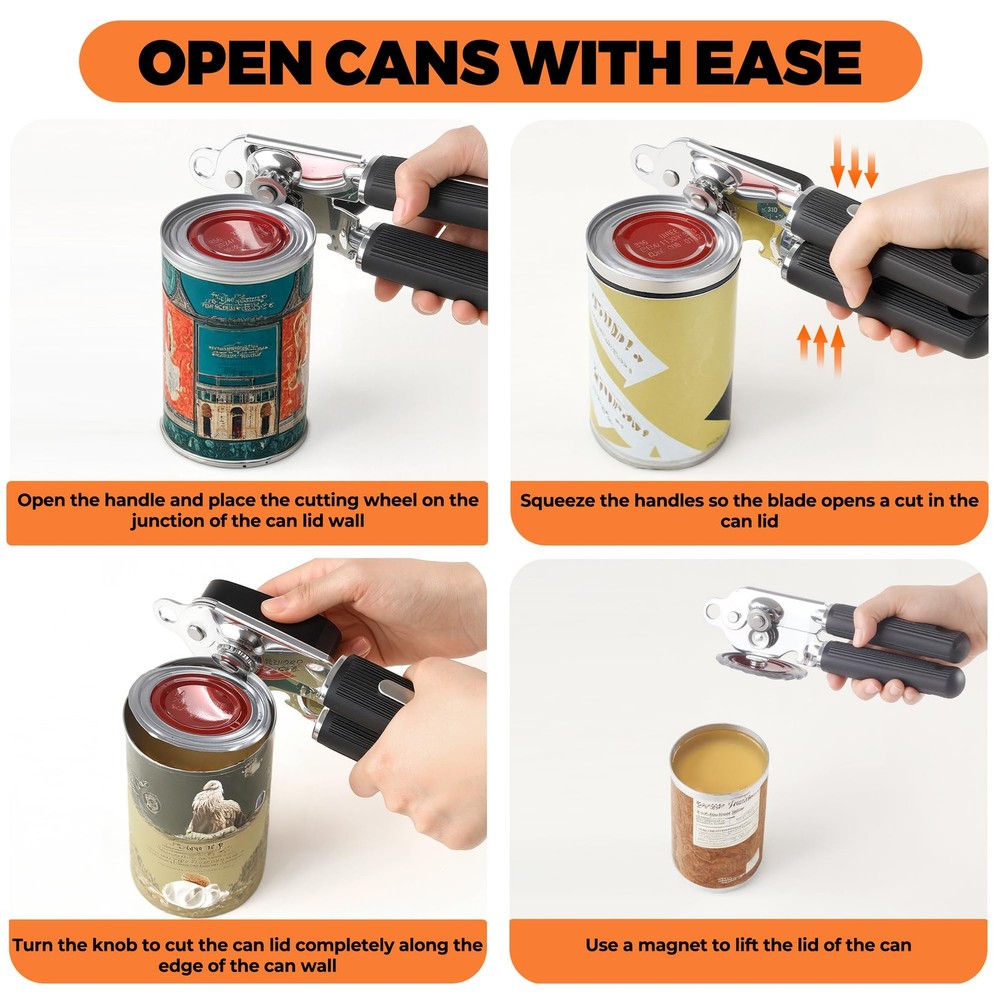 Manual Can Opener with Magnet Soft Grip Rubber Handle Heavy Duty Black
