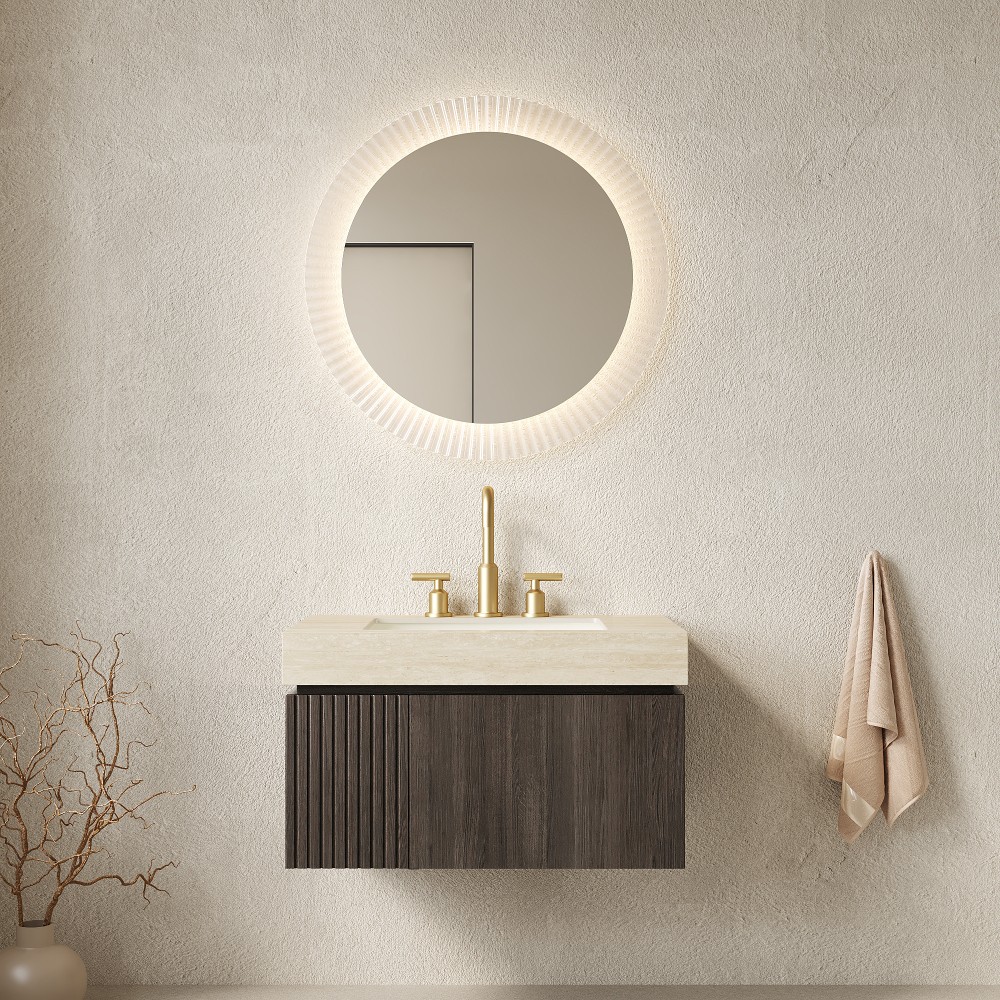 30" Floating Vanity & Sink, Travertine Stone Top/Ceramic Basin, Drawer&Door