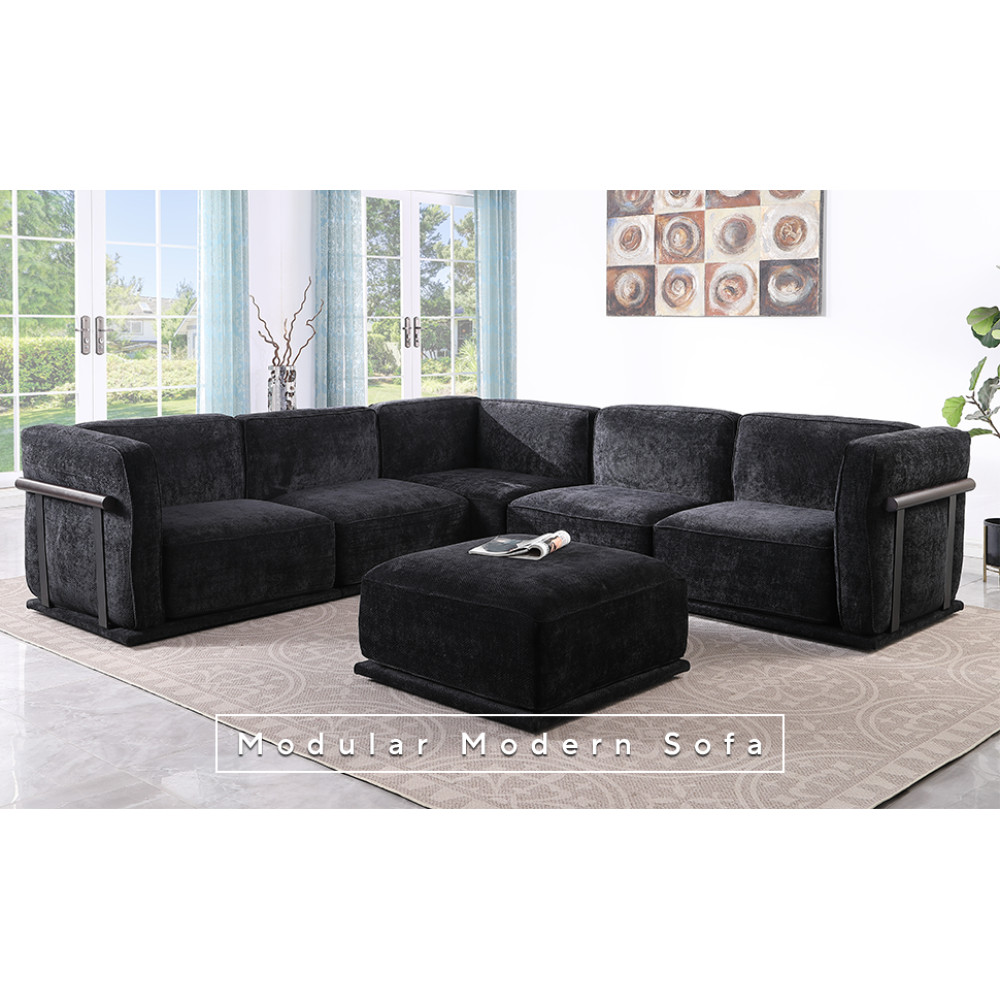 120 Inch Black Chenille Modular Sectional Sofa, Square Arms, Split Back, Modern
