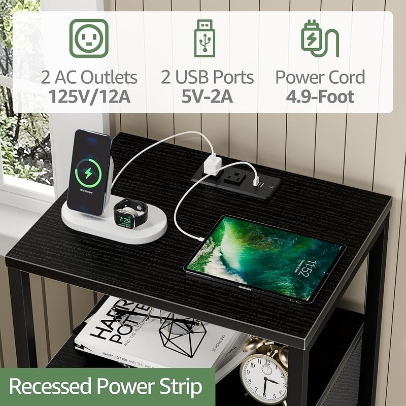 Modern Nightstand W/ LED Light USB Charger Fabric Drawers & Removable Handle