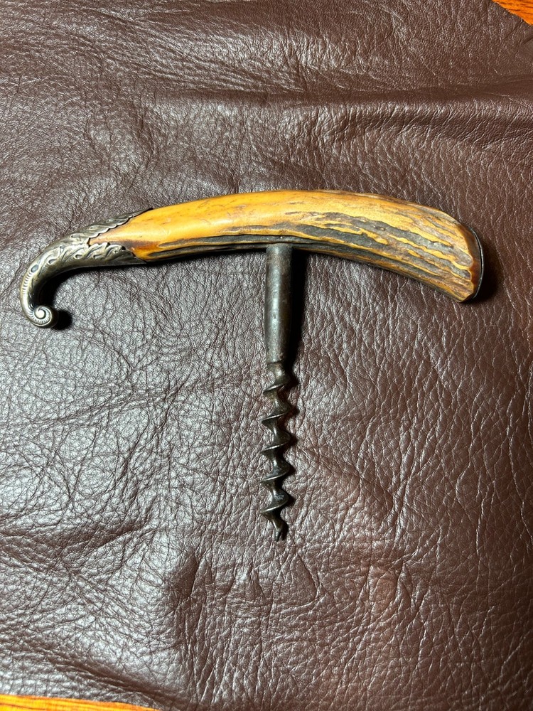 Antique Staghorn T-Handle Corkscrew with Engraved Sterling Endcaps
