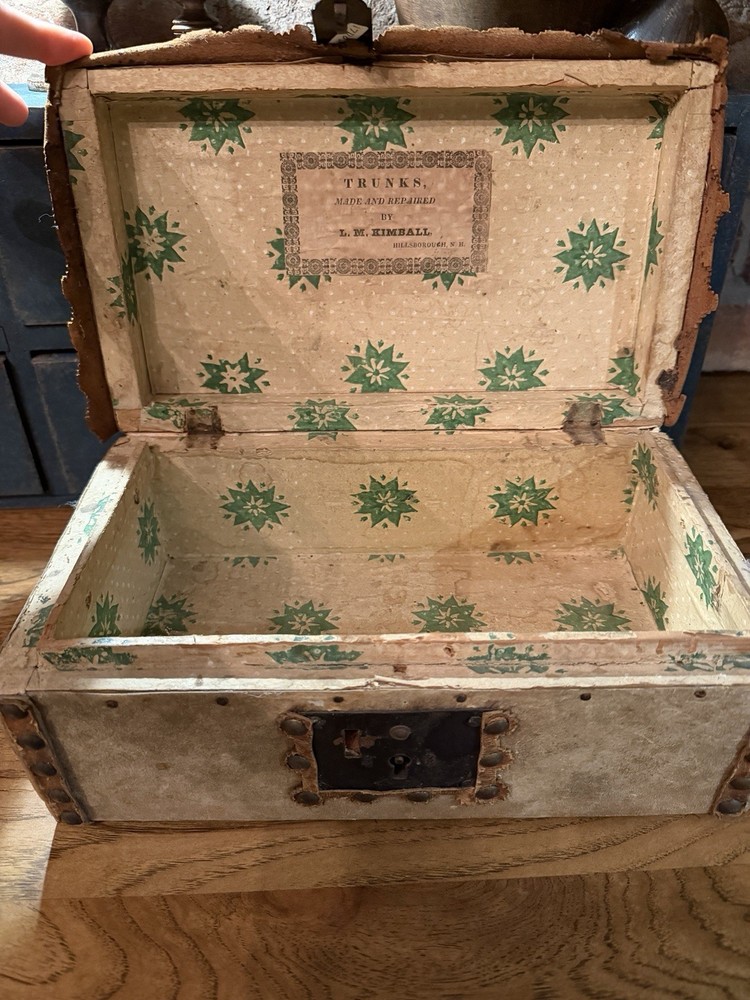 Labeled 19th C. Hide Covered Document Box Leather Trunk Brass Studded 12” L