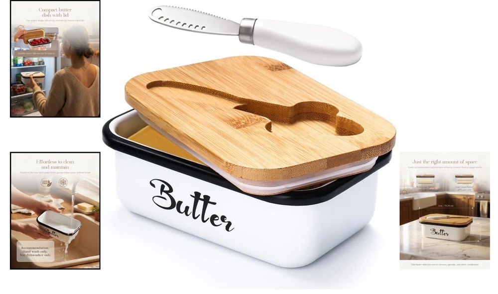 Large Rectangular Butter Dish with Lid & Multi-Purpose Knife – White Decor
