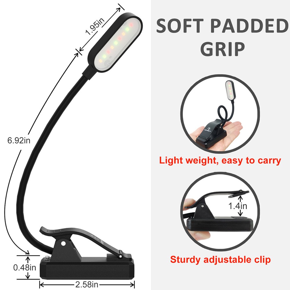 LENCENT 9 LED Clip Book Light 12 Modes USB Rechargeable Reading Light Black