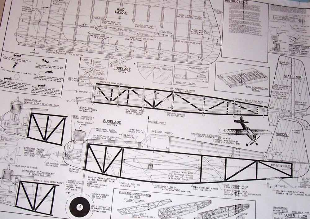 Berkeley SUPER ZILCH PLAN To Build a 52" Span Old Time UC Stunt Model Airplane