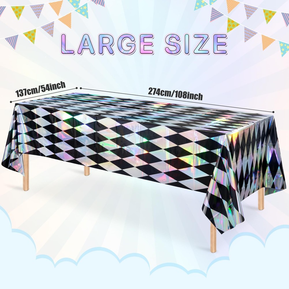 6 Pack Black and Iridescent Diamond Checkered Plastic Tablecloths, Black Ging...