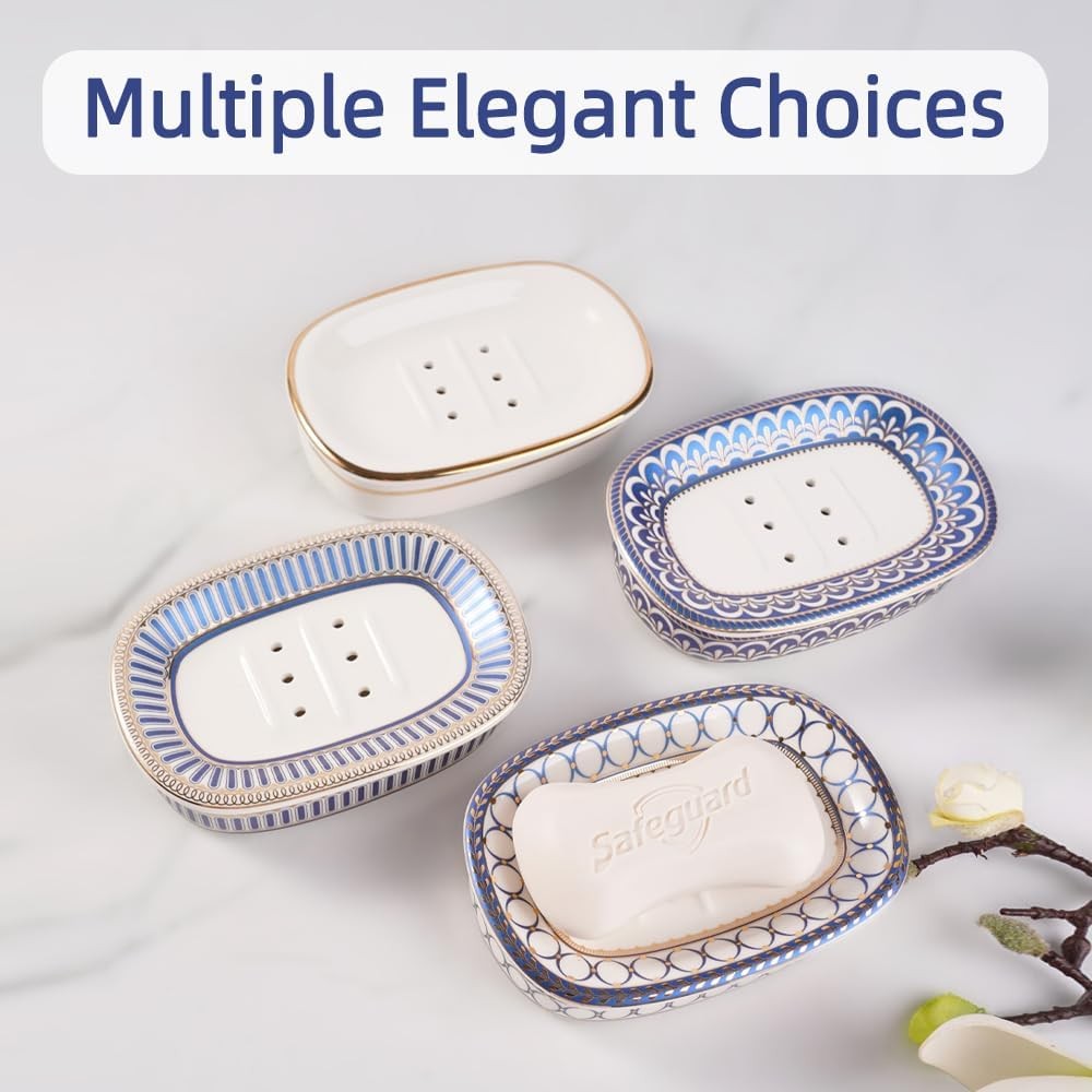 Self Draining Soap Dish, Double-Layer Bar Soap Tray, White Ceramic Soap Style D