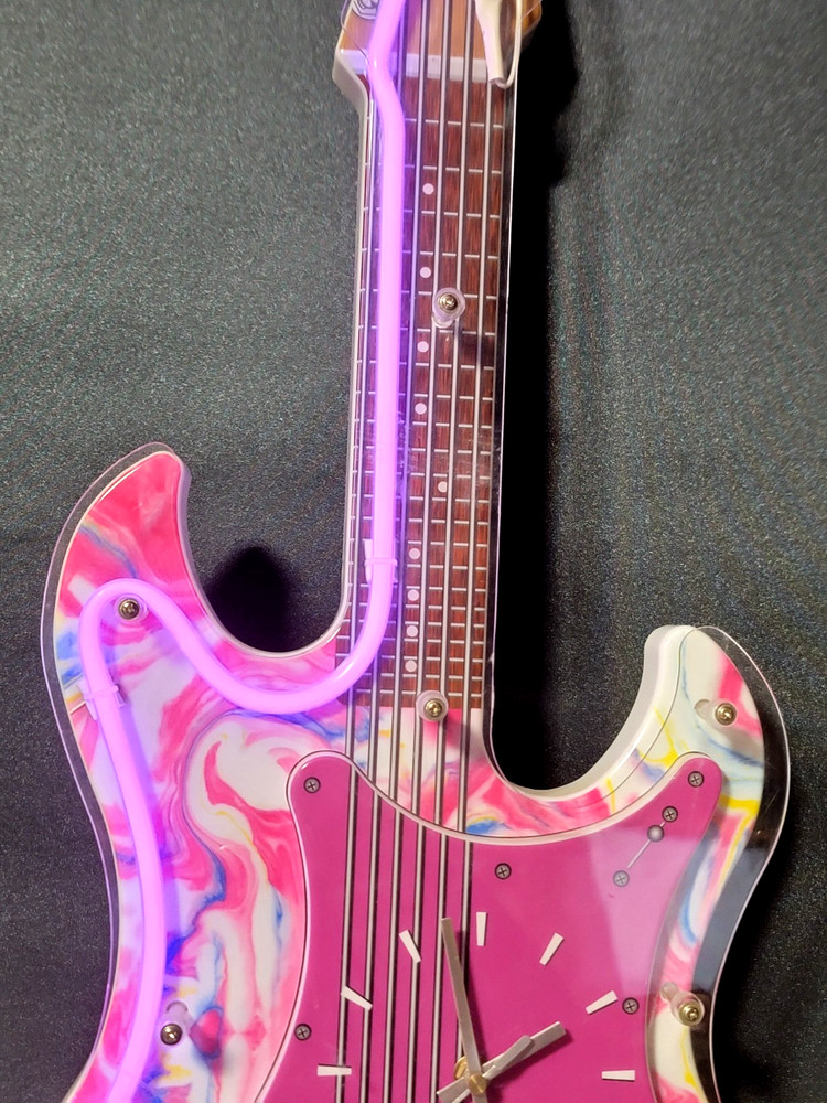 1990 Vintage Stratocaster Pink Neon Light Guitar Wall Clock 29" & Power Source