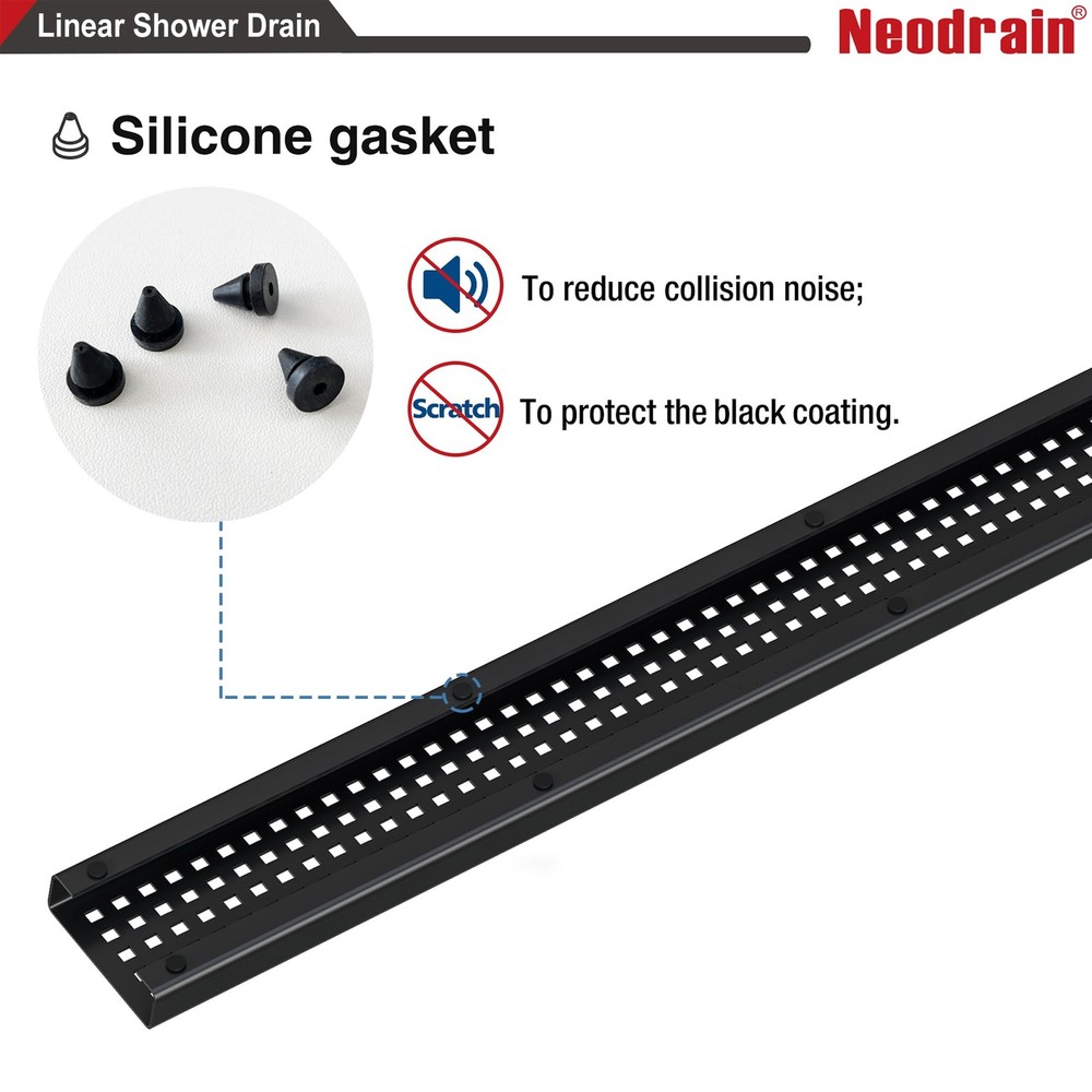 Neodrain 18-Inch Black Linear Shower Drain with Removable Quadrato Pattern Gr...