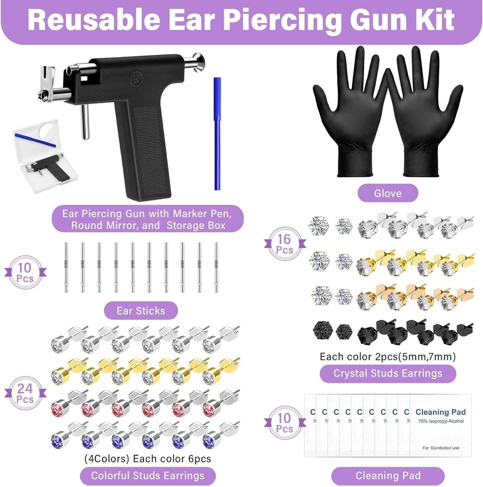 Professional Ear Piercing Gun, Reusable Machine with Dark Black