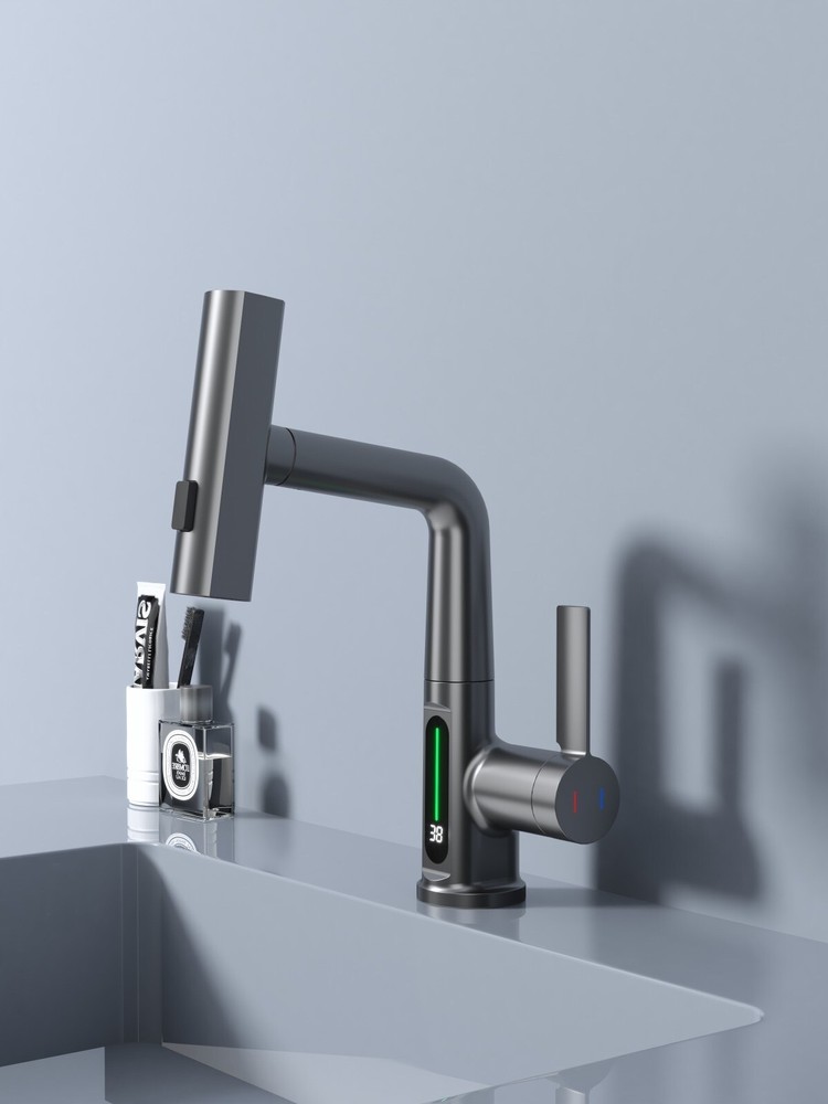 Waterfall & Pull-Out Faucet with Temperature Display in Gun Metal