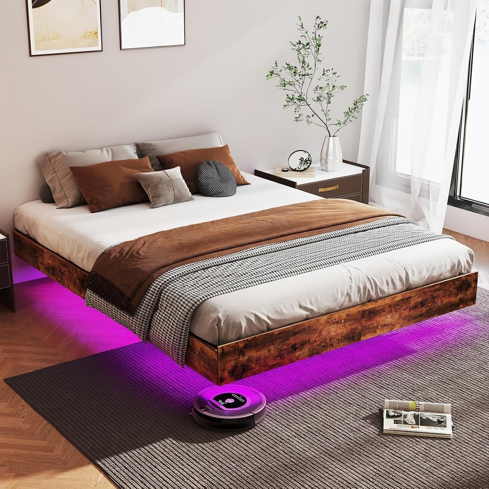 Floating Full/Queen/King Bed Frame with LED Lights, No Box Spring Needed