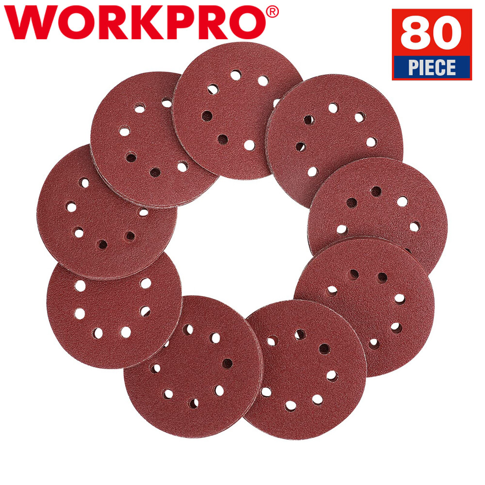 WORKPRO 80PC Sanding Disc Sandpaper 5-INCH 8-Hole Hook and Loop Disc 60-400Grits