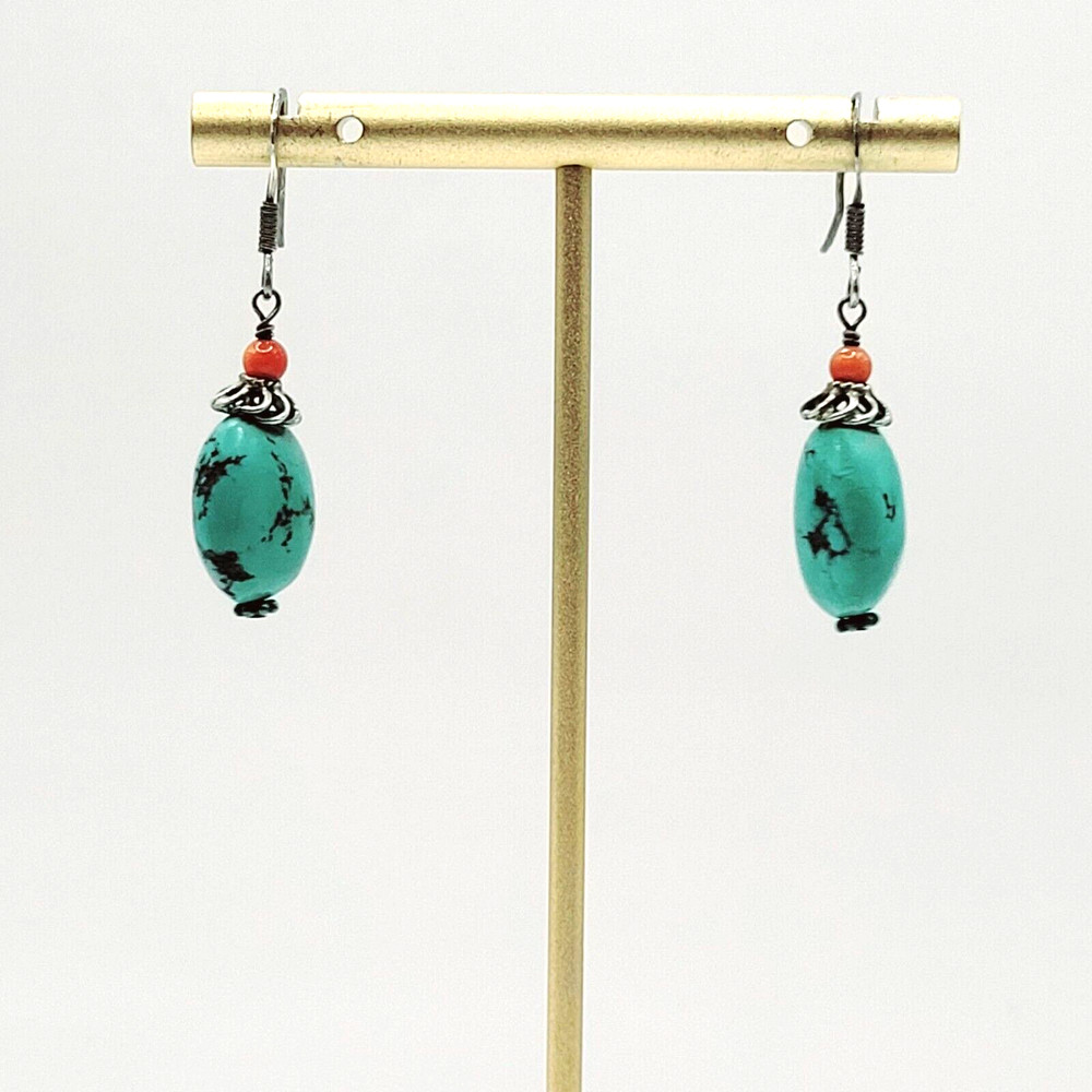 Turquoise Drop Dangle Pierced Hook 925 Sterling Silver Earrings Thailand