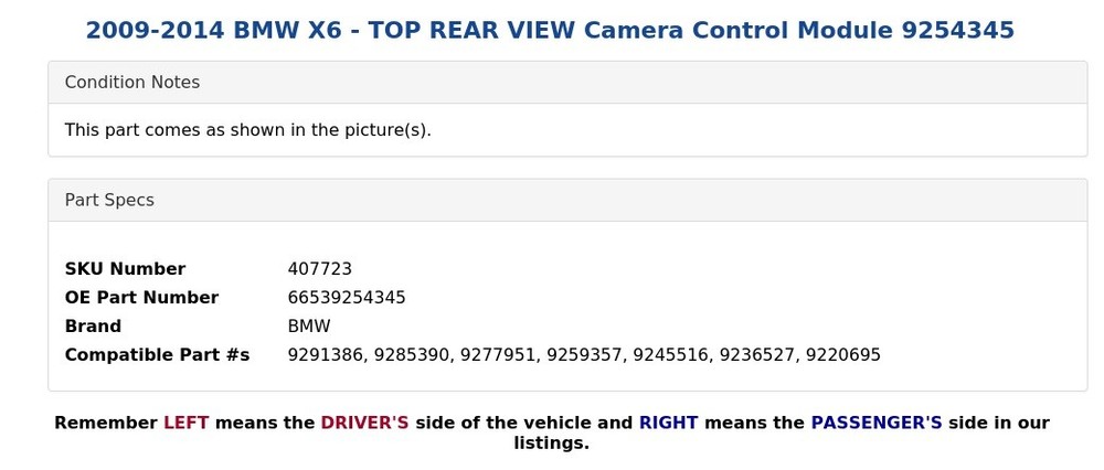 2009-2014 BMW X6 - TOP REAR VIEW Camera Control Module 9254345