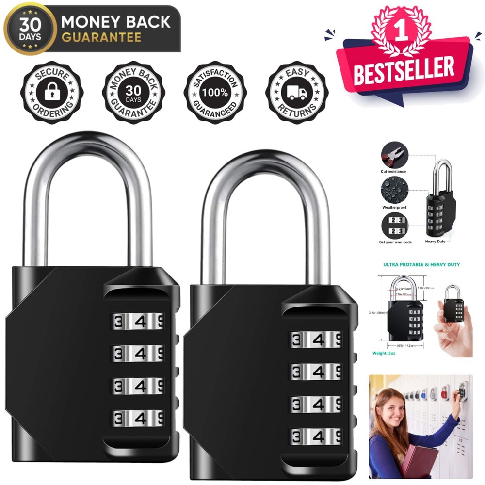 Heavy-Duty Waterproof 4-Digit Resettable Padlock - 2 Pack for Ultimate Security