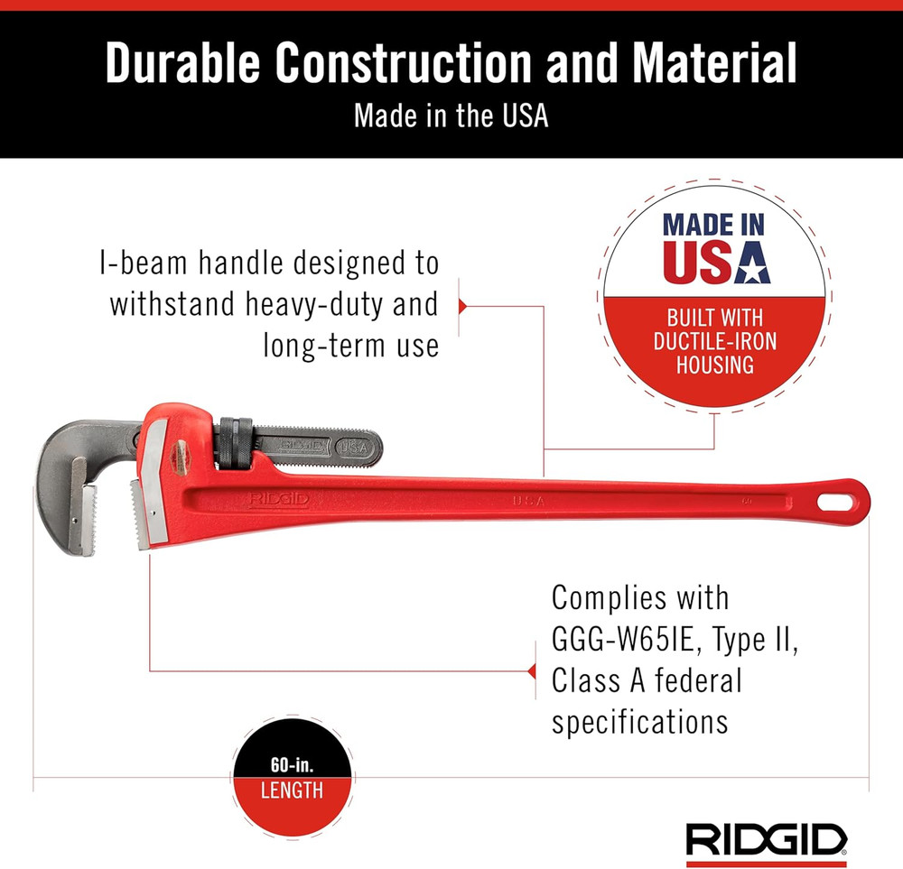 60" Heavy-Duty Straight Pipe Wrench - 8" Capacity, Red, Medium Size