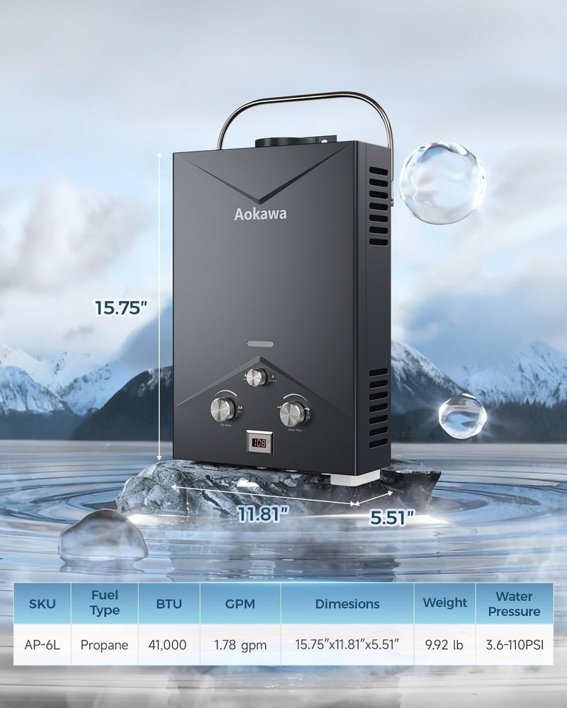 Portable Propane Water Heater 6L 1.78 GPM Outdoor RV Camping Shower Kit