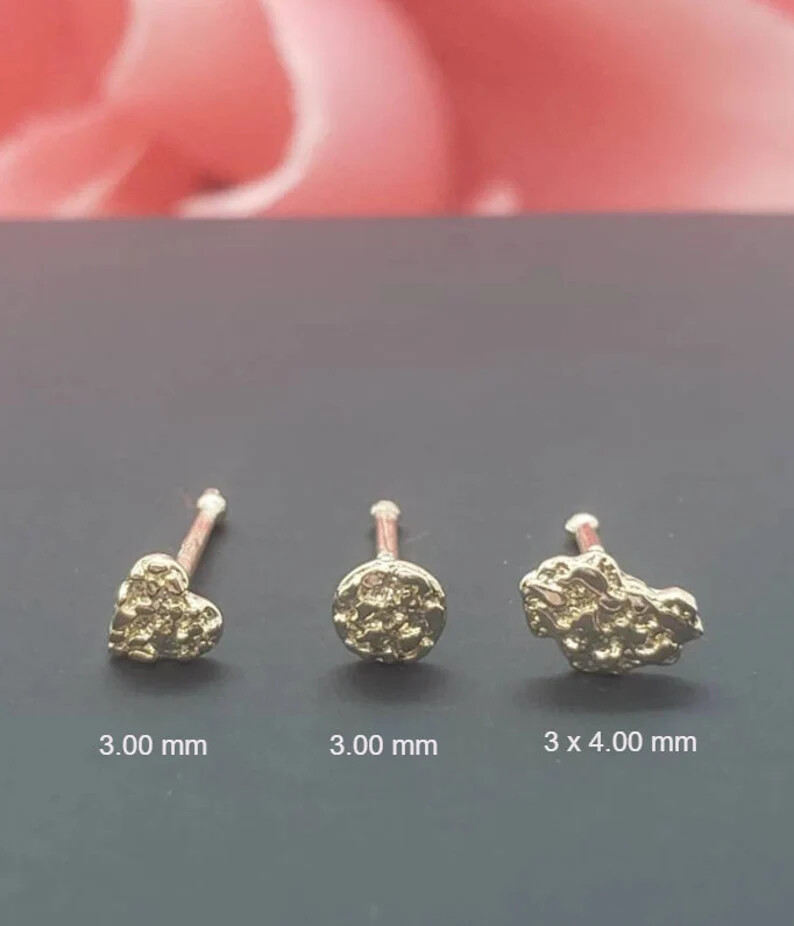NUGGET 14K Solid Yellow Gold , Nugget Bar Nose Stud, 3 different style Nose Stud