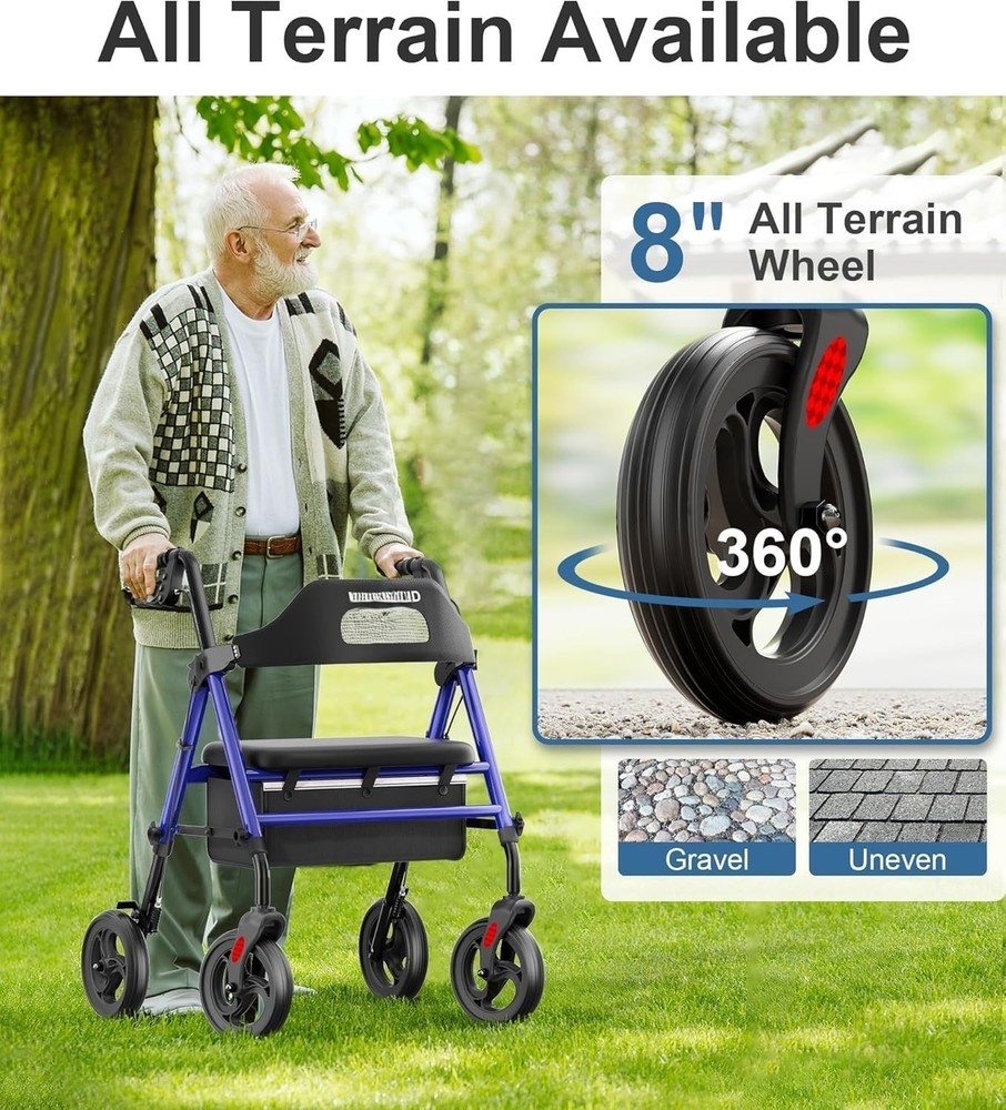 foldable rollator walker with seat, 8" wheels, adjustable height 350 lb capacity