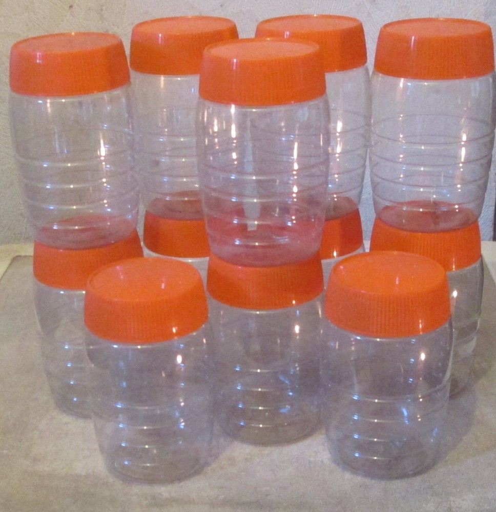 12 empty transparent CLEAR plastic pots / containers orange lids, storage crafts