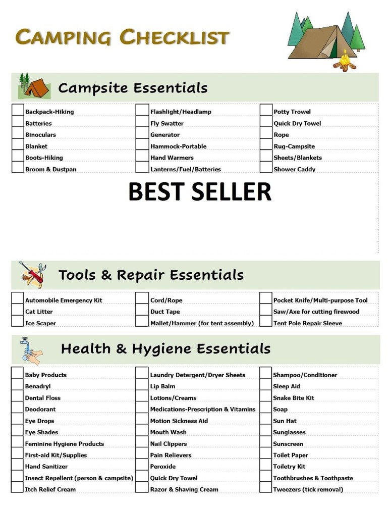 Laminated Camping Equipment Gear Packing List Checklist Double Sided Dont Forget