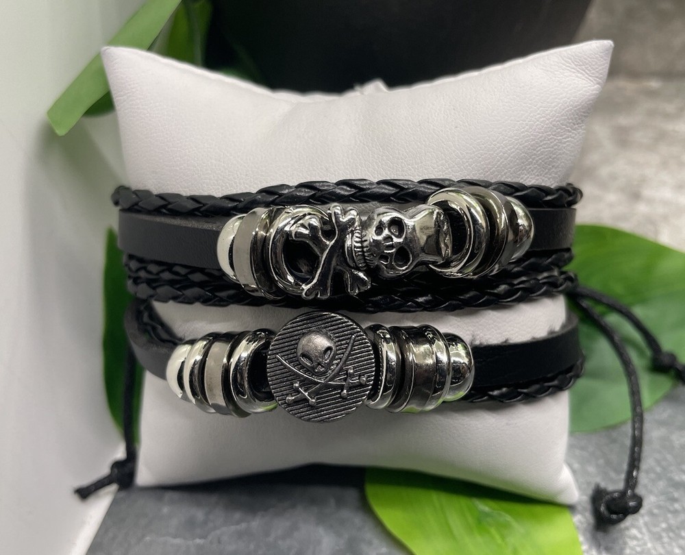 2 PC Leather Bracelet Stackable Adjustable Tie Free Ship Skull B3279