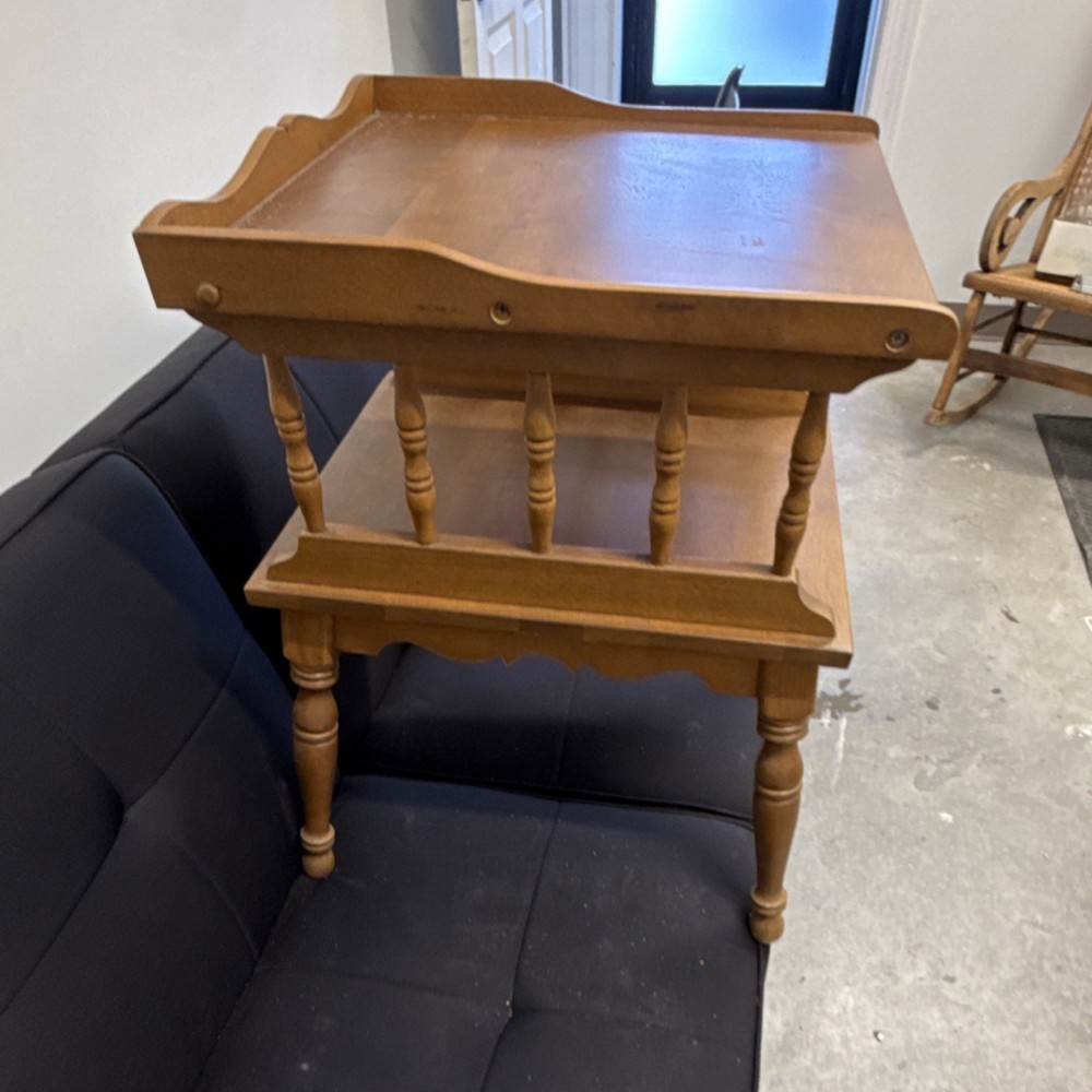 Antique Wooden Two-Tier Rectangle Side Table with Spindle Legs & Shelf, Brown