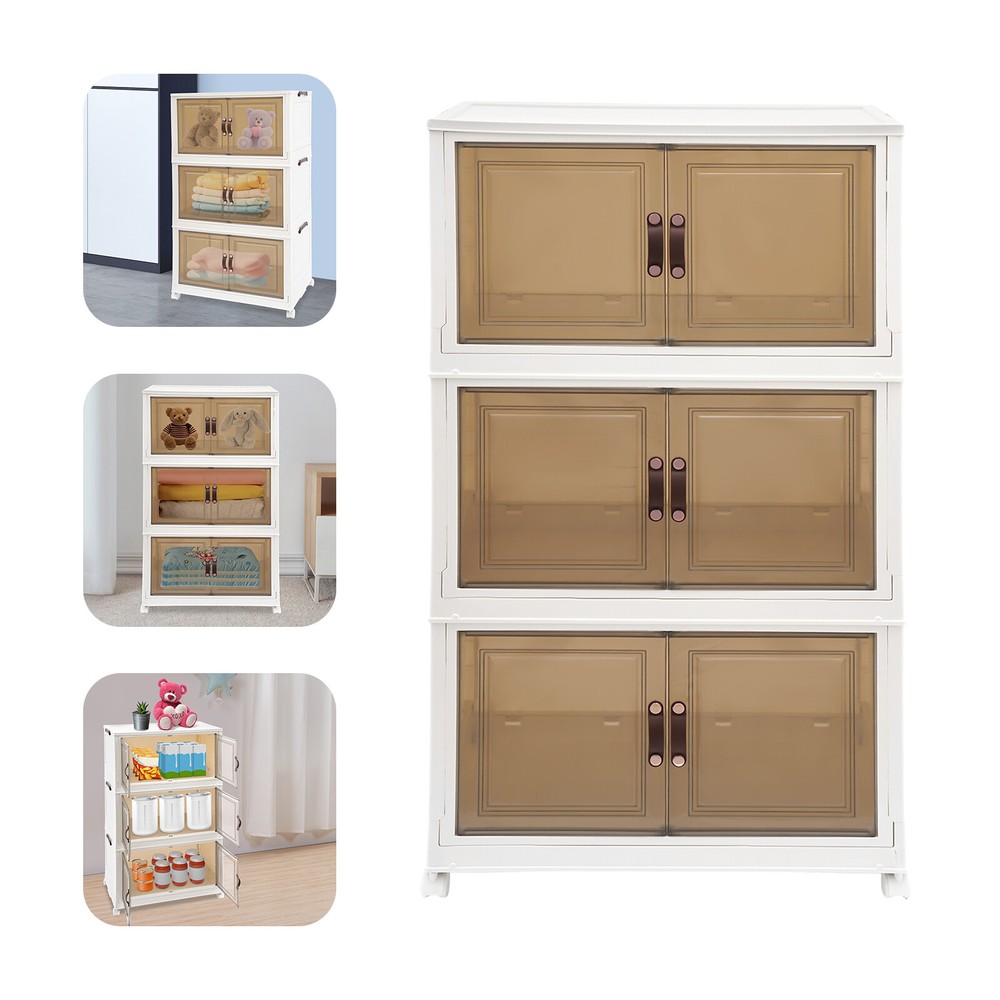 3PCS Foldable Storage Cabinets, Stackable Storage Containers w/ Wheels
