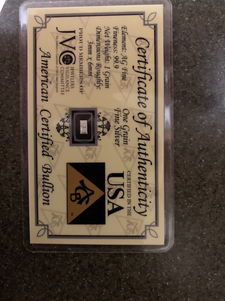 1 Grain Silver Bullion Bar 99.9