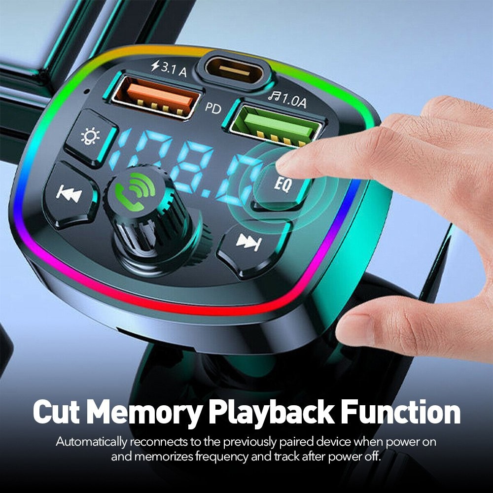 Car Wireless Bluetooth 5.0 FM Transmitter Adapter 2USB PD Charger RGB Hands-Free
